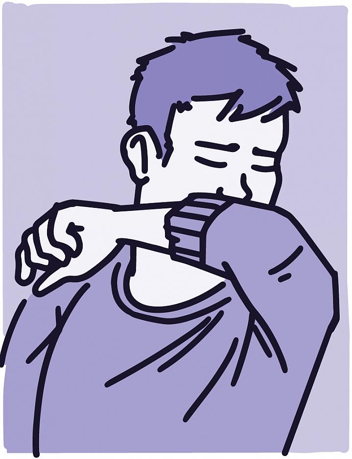 Illustration of a young person coughing into their elbow