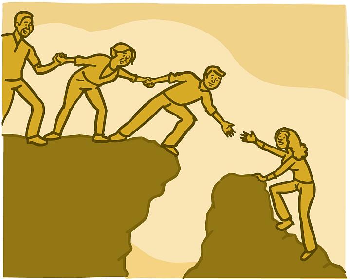 Illustration of a group of people helping a person over a crevice on a mountain