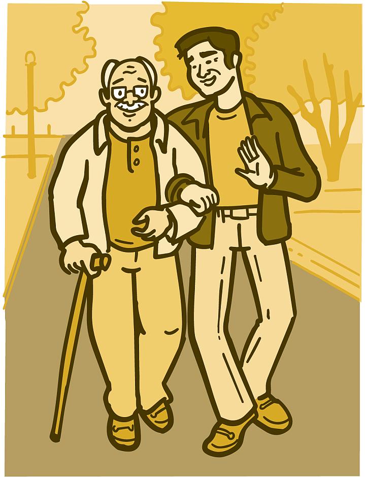 Illustration of an older man with cane walking with his son outside Illustration of an older man with cane walking with his son outside