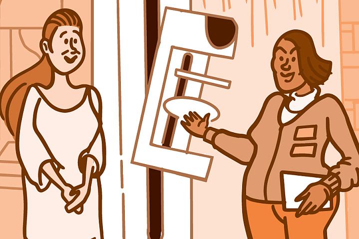 Illustration of a doctor showing a female patient a mammogram machine Illustration of a doctor showing a female patient a mammogram machine