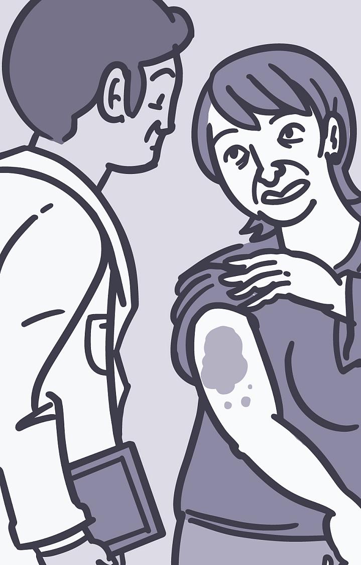 Illustration of a woman showing her bruises to her health care provider Illustration of a woman showing her bruises to her health care provider