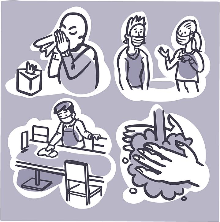 Illustration of four ways to stay safe from germs Illustration of four ways to stay safe from germs