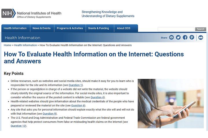 Screenshot of the How To Evaluate Health Information on the Internet website Screenshot of the How To Evaluate Health Information on the Internet website