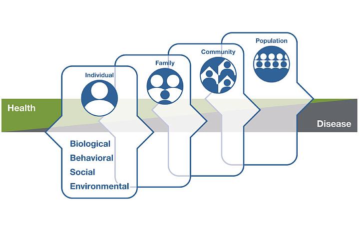Illustration of the whole person health framework showing what affects health and disease. Individuals, families, communities, populations are shown as interconnected with biological, behavioral, social, environmental impacts on the individual.