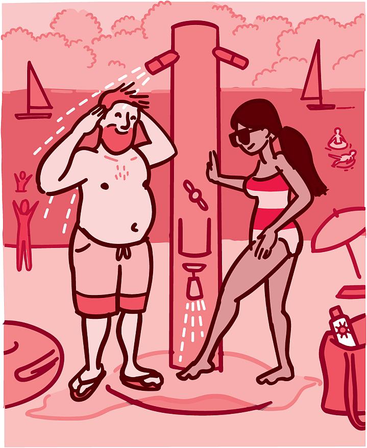 Illustration of a man and a woman rinsing off in a shower on the beach Illustration of a man and a woman rinsing off in a shower on the beach