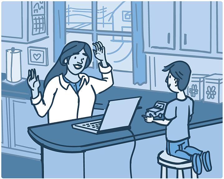 Illustration of a woman video chatting on a laptop while her son plays in the kitchen Illustration of a woman video chatting on a laptop while her son plays in the kitchen