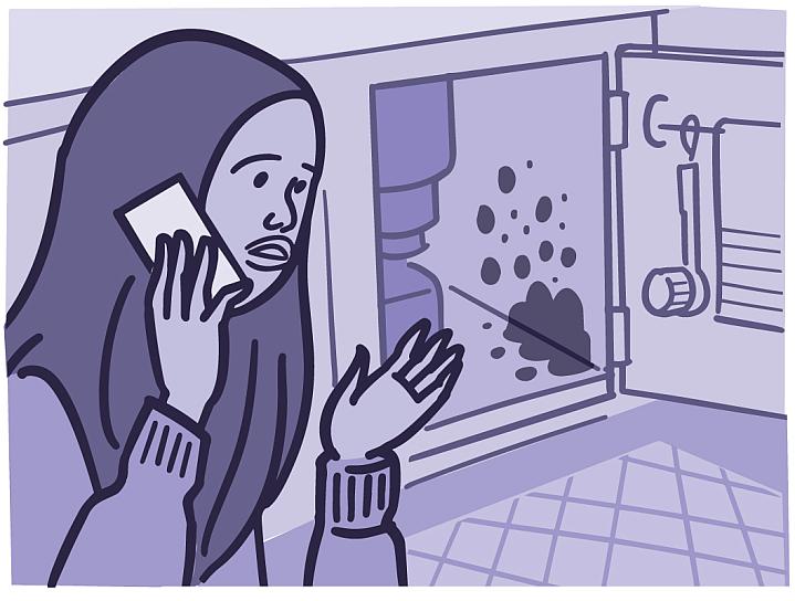 Illustration of a woman talking on the phone while looking at mold under the sink