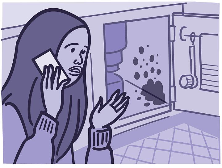 Illustration of a woman talking on the phone while looking at mold under the sink Illustration of a woman talking on the phone while looking at mold under the sink