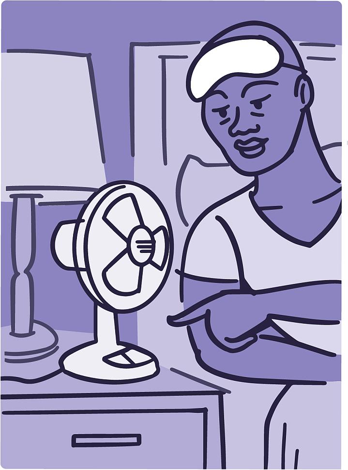 Illustration of a man turning on a fan while getting into bed Illustration of a man turning on a fan while getting into bed