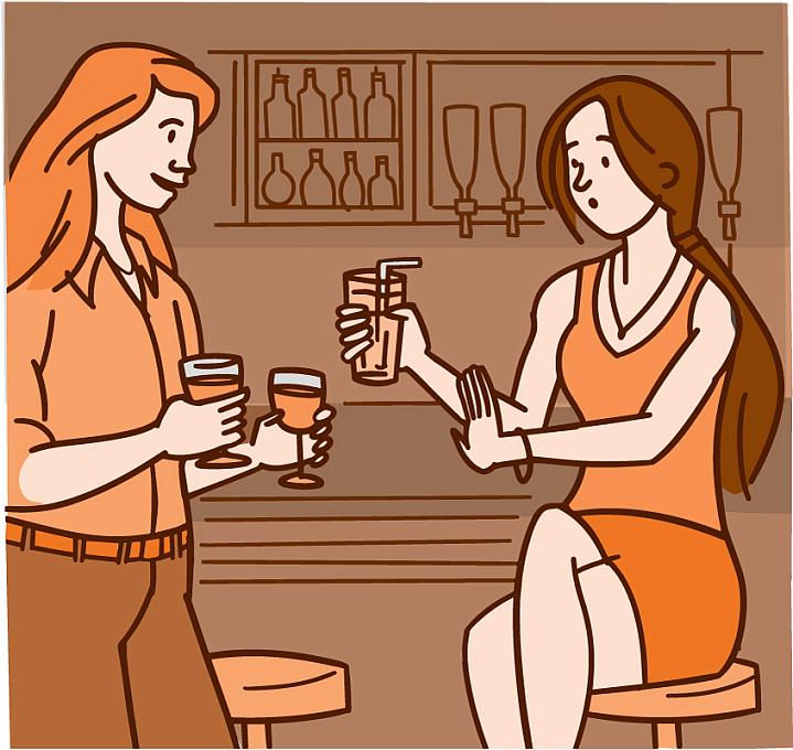 Illustration of a woman declining a drink offered by her friend Illustration of a woman declining a drink offered by her friend