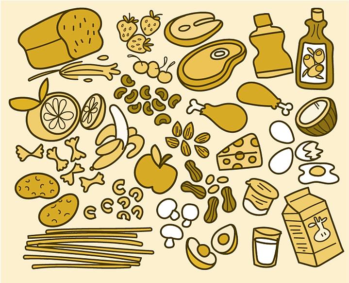 Illustration of various different types of healthy foods: vegetables, fruits, dairy products, grains, oils, and proteins Illustration of various different types of healthy foods: vegetables, fruits, dairy products, grains, oils, and proteins.