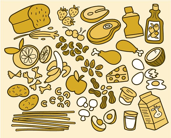 Illustration of various different types of healthy foods: vegetables, fruits, dairy products, grains, oils, and proteins.