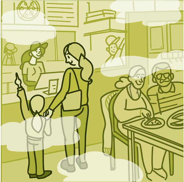 Illustration of people at a restaurant with clouds representing airborne viruses in the air.