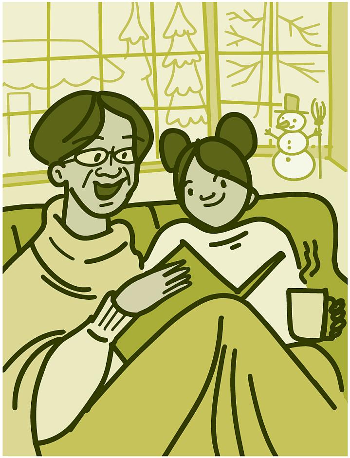 Illustration of a grandmother and granddaughter snuggling up under a blanket reading a book on a winter day.
