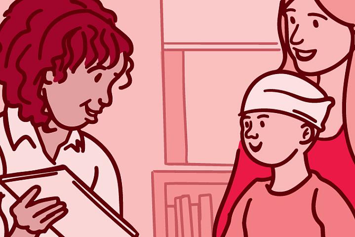 Illustration of a child with cancer sitting on their mother’s lap, while she talks with the doctor Illustration of a child with cancer sitting on their mother’s lap, while she talks with the doctor