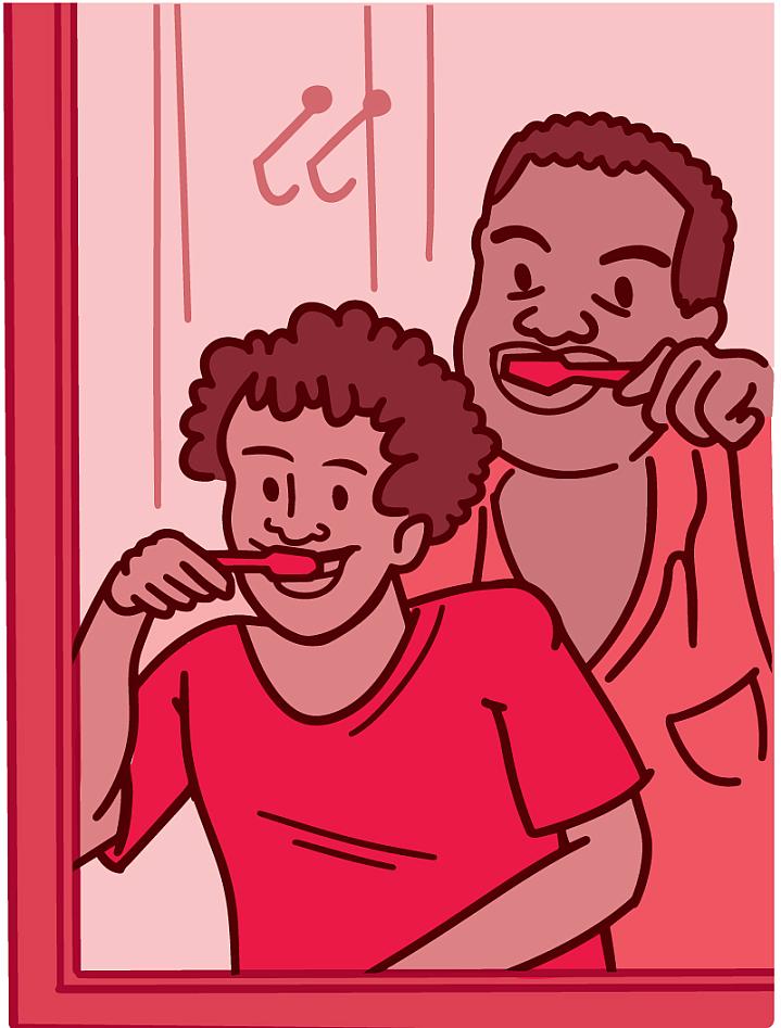 Illustration of a father and son brushing their teeth together in the bathroom mirror Illustration of a father and son brushing their teeth together in the bathroom mirror