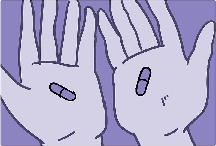 Illustration of a person’s hands holding two different pills that look the same Illustration of a person’s hands holding two different pills that look the same