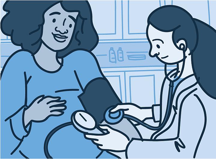 Health care provider taking pregnant woman's blood pressure Health care provider taking pregnant woman's blood pressure.