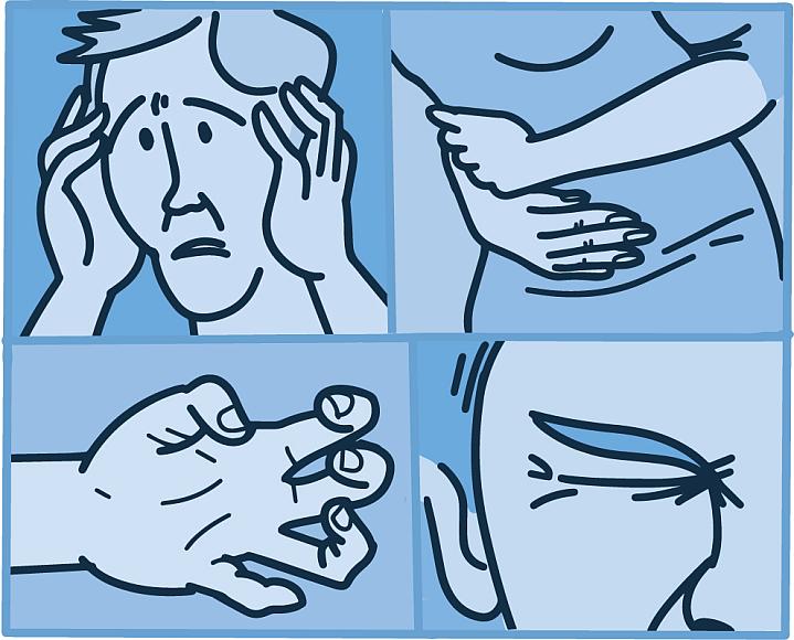 Four panels illustrating different uses for botox- Top left-headache; Top right-stomach pain; Lower left-fingers curled; Lower right- eye wrinkles Four panels illustrating different uses for botox- Top left-headache; Top right-stomach pain; Lower left-fingers curled; Lower right- eye wrinkles.