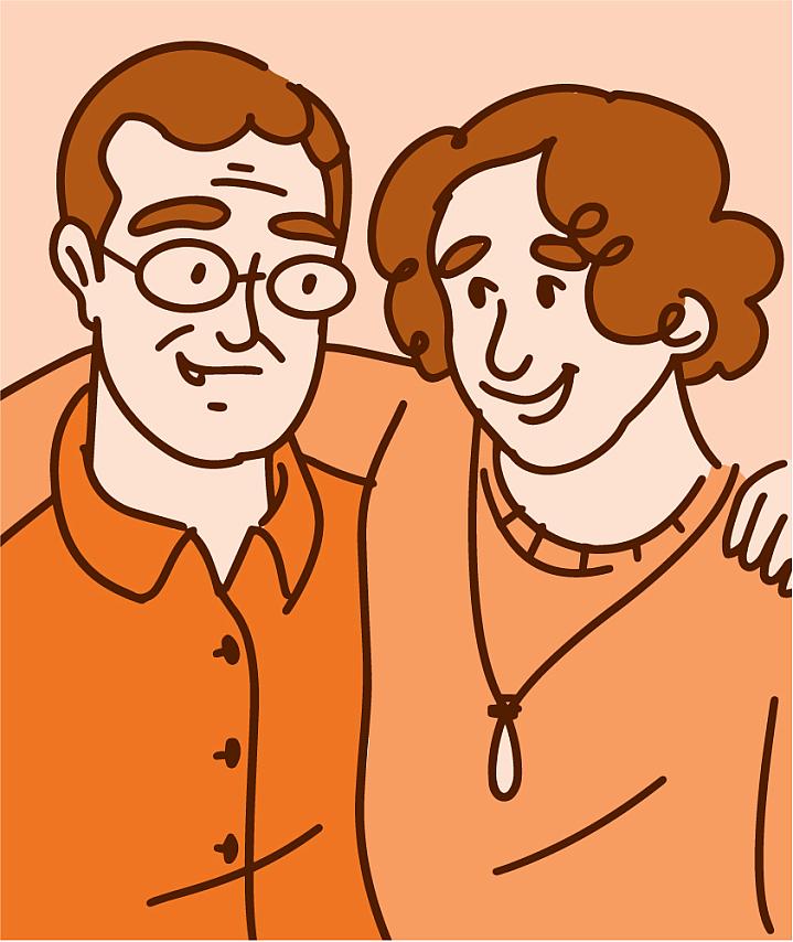 Woman with her arm around a middle aged man Woman with her arm around a middle aged man.