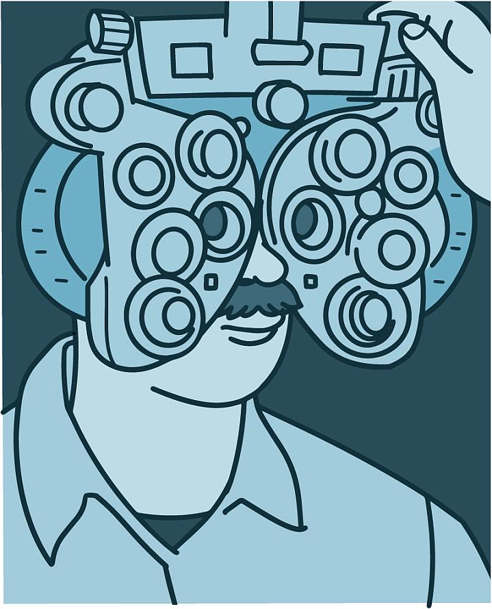 Illustration of a person getting a refractive eye exam. 