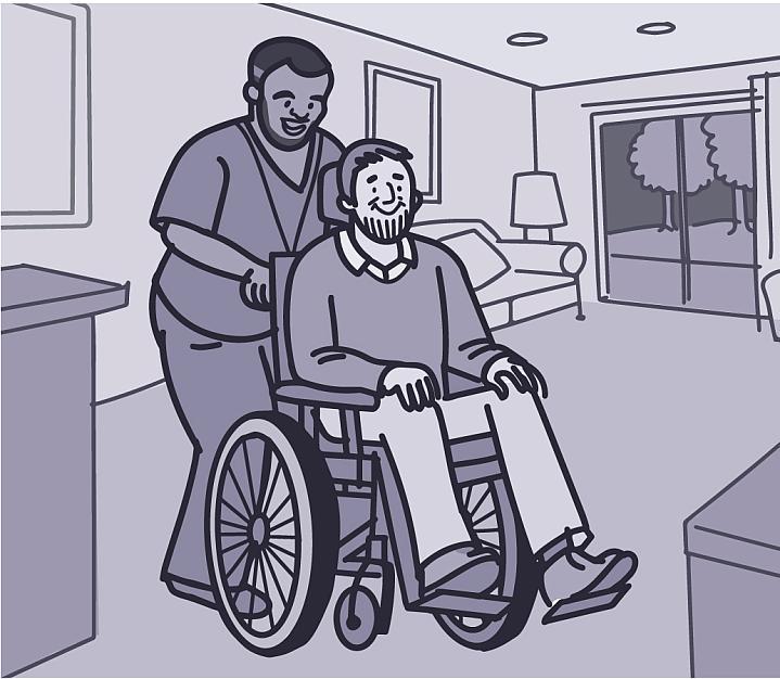 Illustration of a health care worker pushing a person with ALS in a wheelchair.
