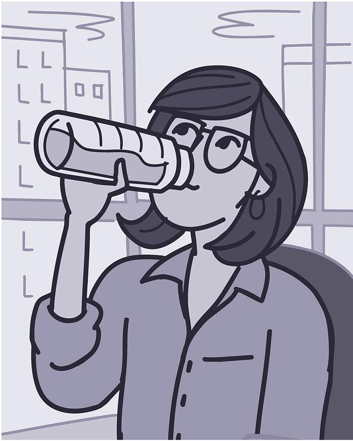 Illustration of a woman sitting in a chair drinking from a water bottle.