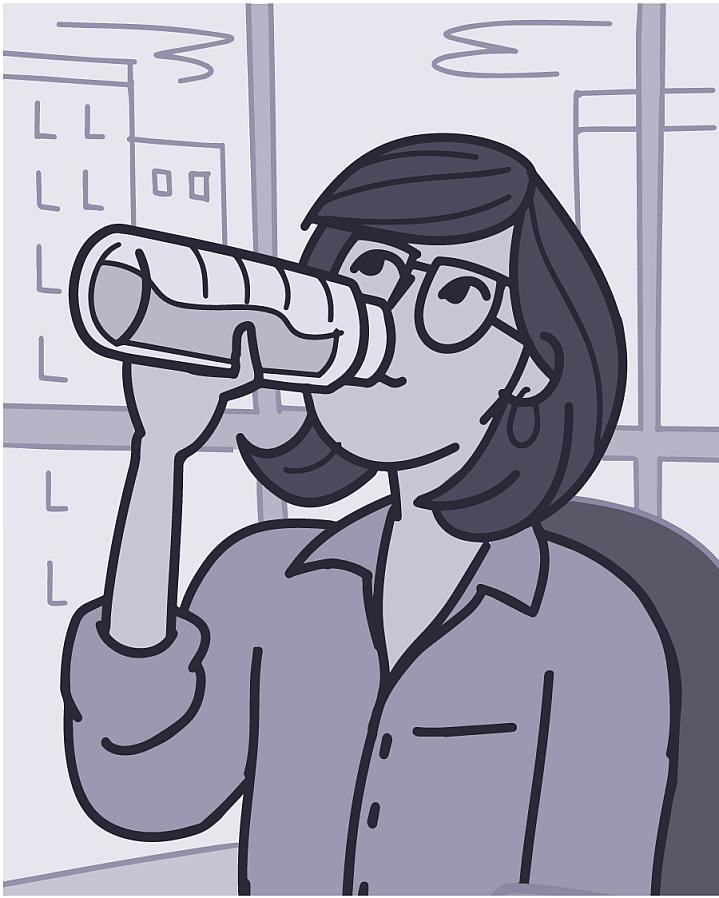 Illustration of a woman sitting in a chair drinking from a water bottle Illustration of a woman sitting in a chair drinking from a water bottle.