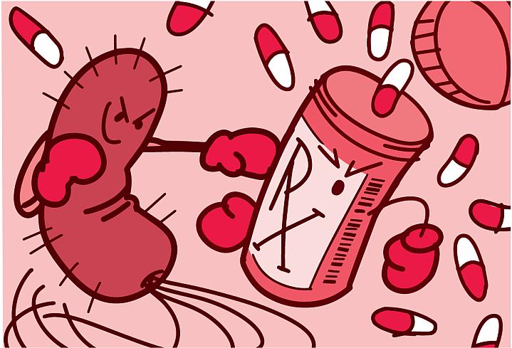 Illustration of a bacterium boxing with a prescription bottle.