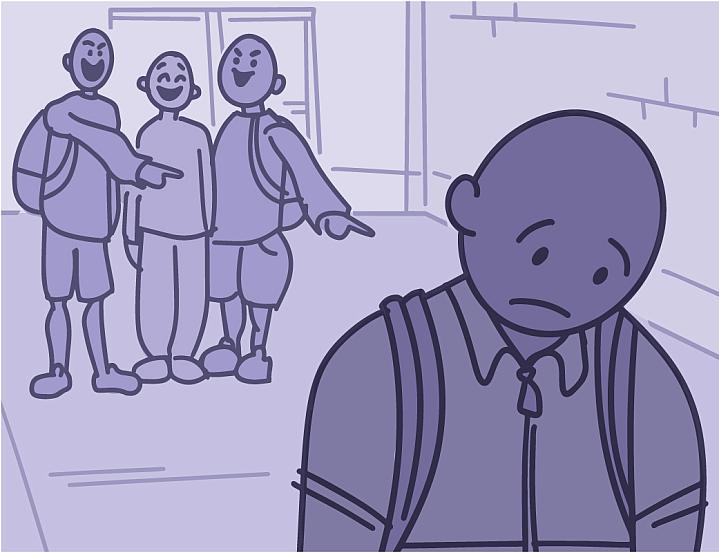 Illustration of a group of kids laughing and pointing at another kid in the school hallway.