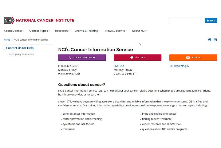 Screenshot of the Cancer Information Service.