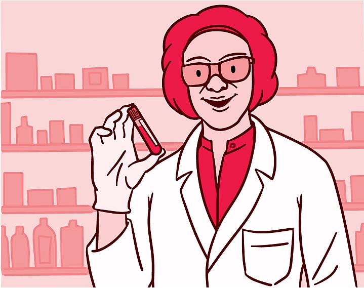 Illustration of a health care professional holding a vial with a blood sample.