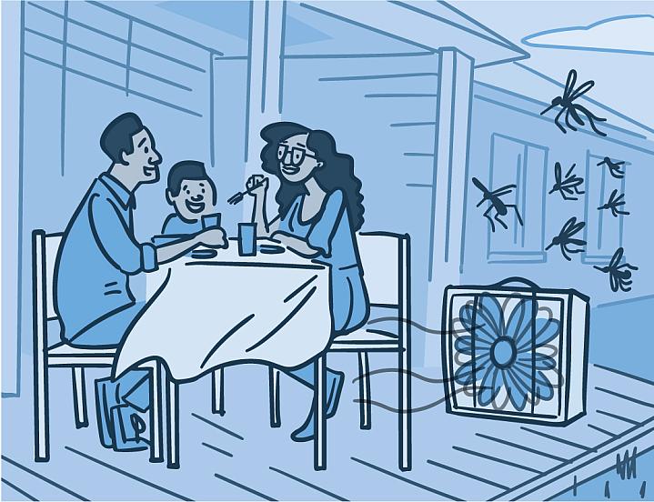 Illustration of a family eating outside using a fan to protect against mosquitoes.