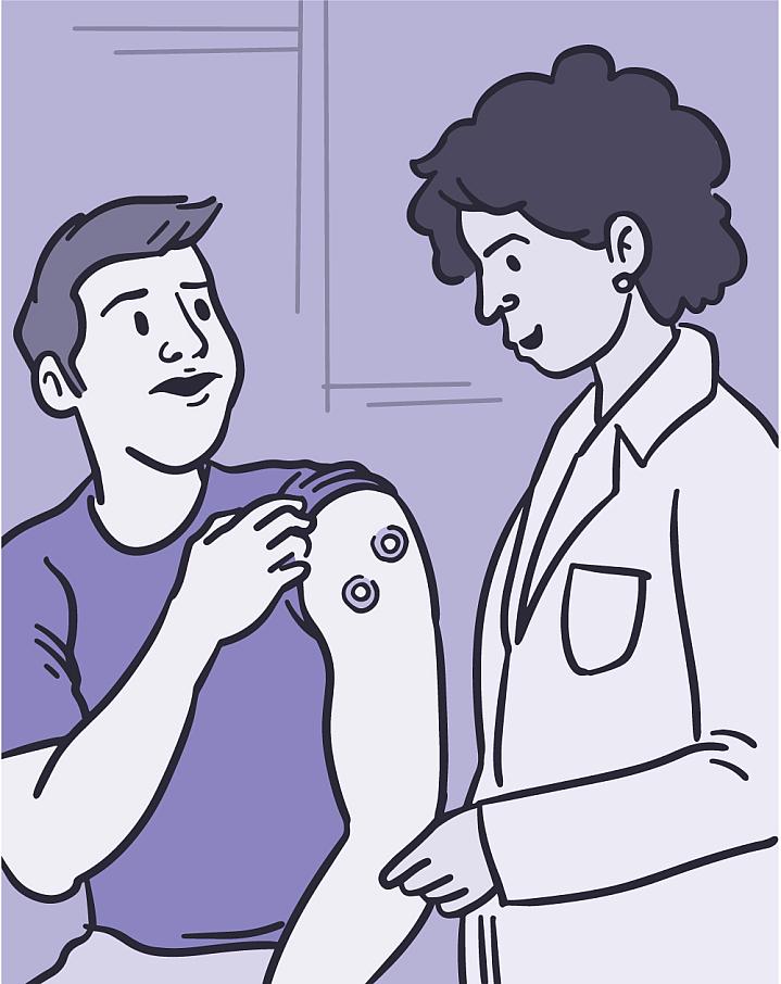 Illustration of a man showing a fungal infection to a doctor.
