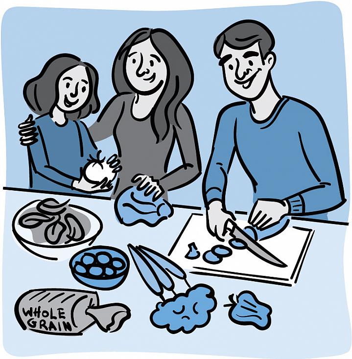 Illustration of a family preparing healthy food together Illustration of a family preparing healthy food together