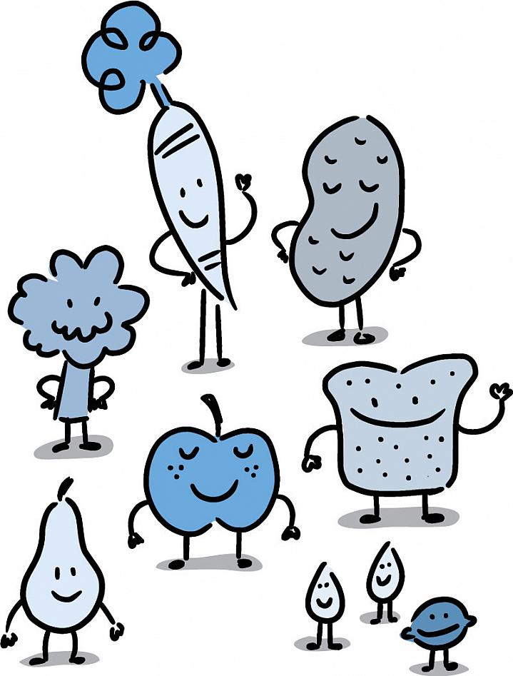 Illustration of fruits and vegetables with smiling faces Illustration of fruits and vegetables with smiling faces