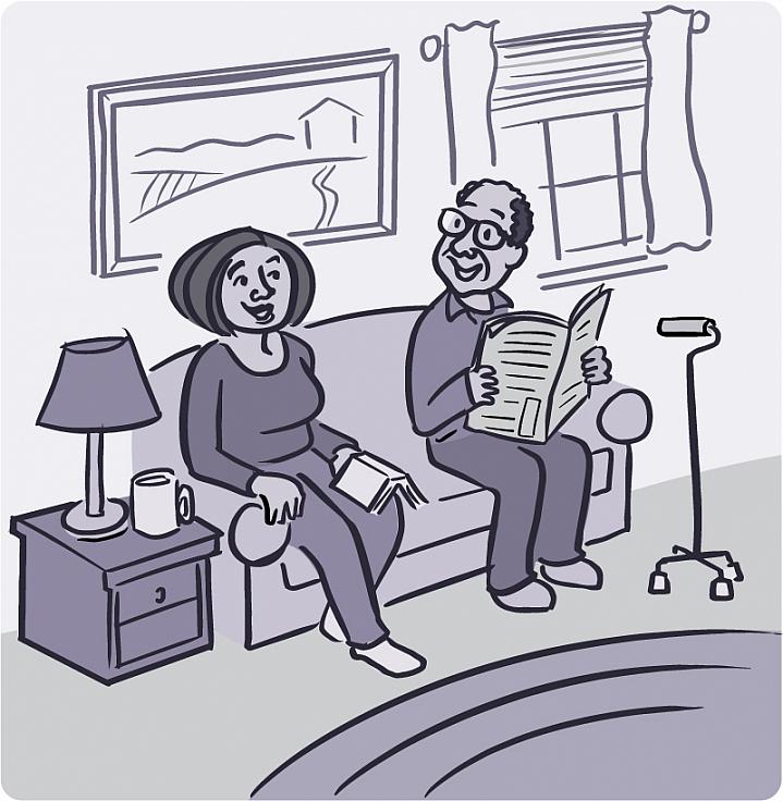 Illustration of a smiling older man and woman sitting on the couch with a walking cane nearby Illustration of a smiling older man and woman sitting on the couch with a walking cane nearby.