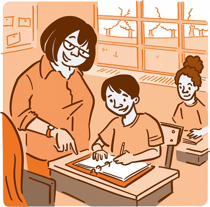Illustration of a teacher helping young students in a classroom Illustration of a teacher helping young students in a classroom
