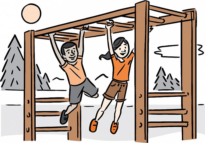 Illustration of two kids playing on the monkey bars
