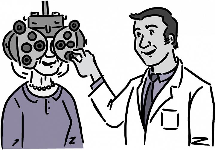 Illustration of an older woman getting an eye exam.
