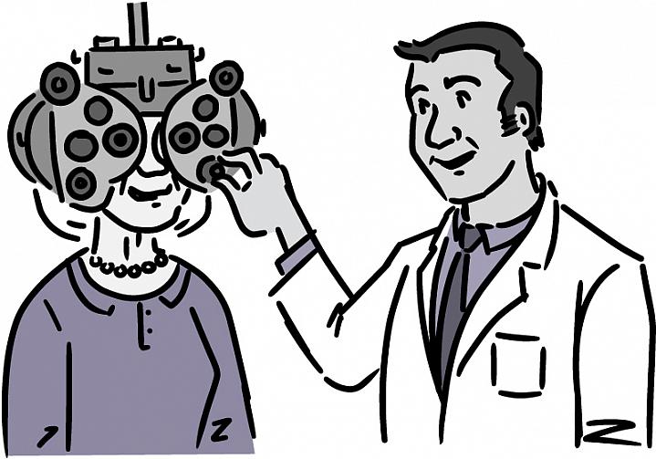 Illustration of an older woman getting an eye exam Illustration of an older woman getting an eye exam.
