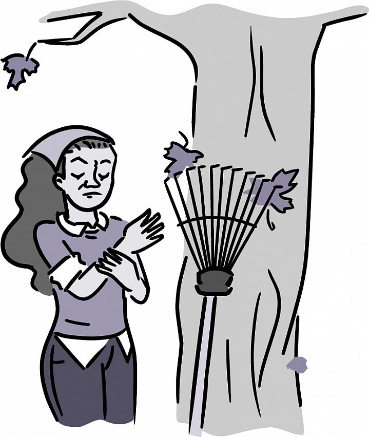 Illustration of a woman grasping her wrist after raking leaves