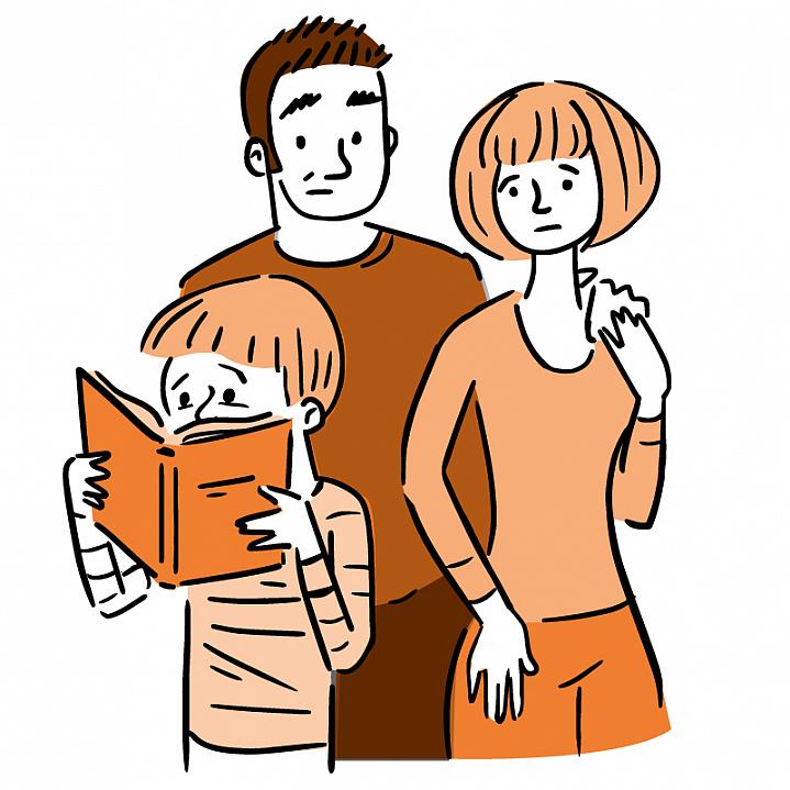 Illustration of worried parents watching a young child reading a book