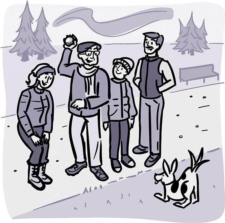 Illustration of an older man with his family and pet dog on a walking trail Illustration of an older man with his family and pet dog on a walking trail.
